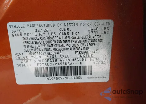 2022 Nissan Kicks Sv Xtronic Cvt из США, поврежденный, VIN 3N1CP5CV4NL501306